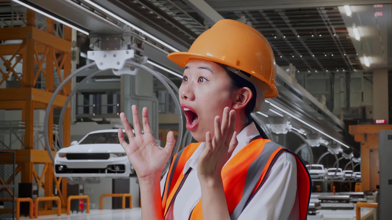 안전 헬을 입은 아시아 여성 엔지니어가 ev 자동차 공장에서 서서 웃으며 와우라고 말합니다.
