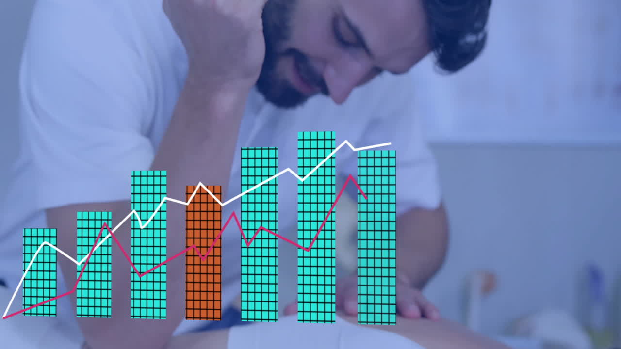 Massage therapist leaning forward applying pressure showing dual-color bar charts with trend lines