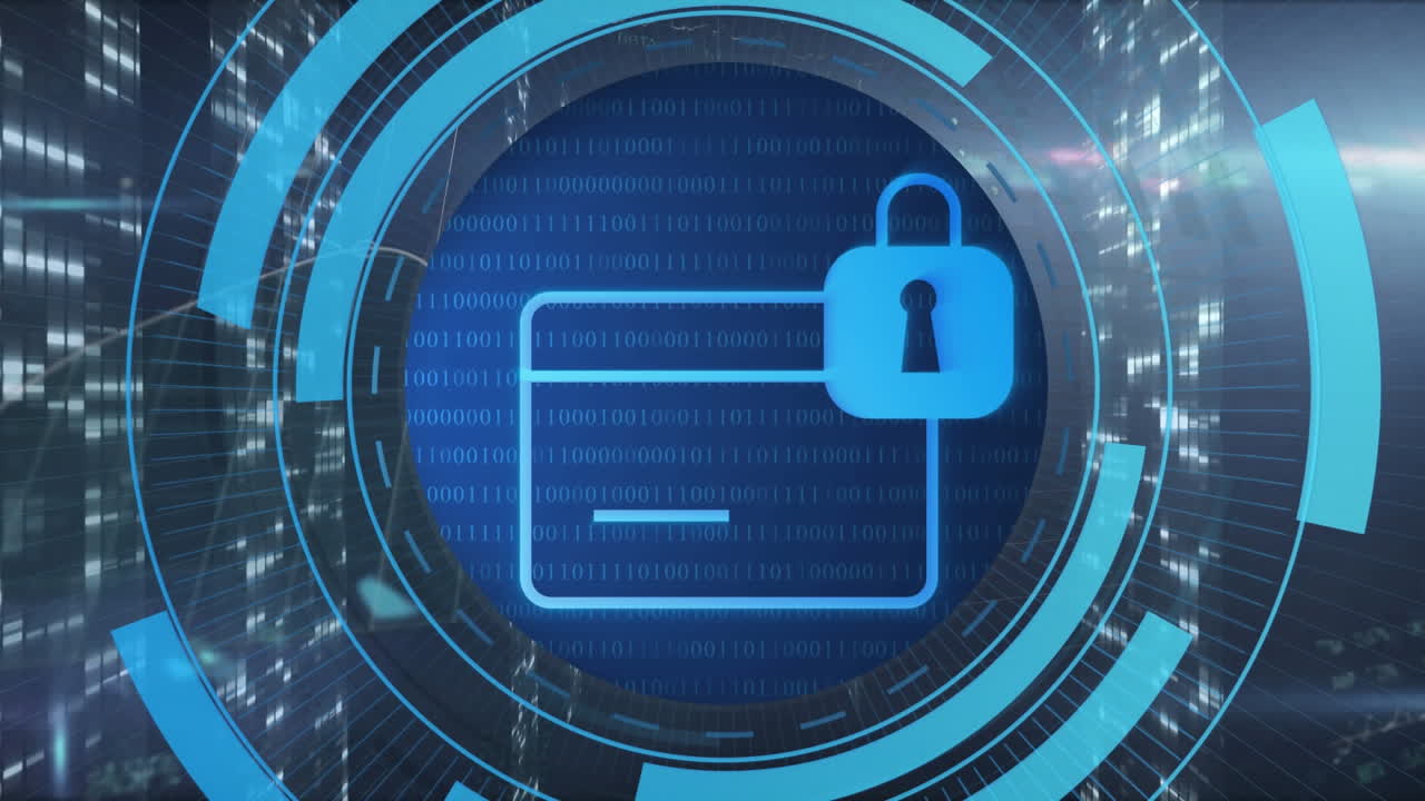 animación de una tarjeta con candado digital en círculos sobre los servidores.