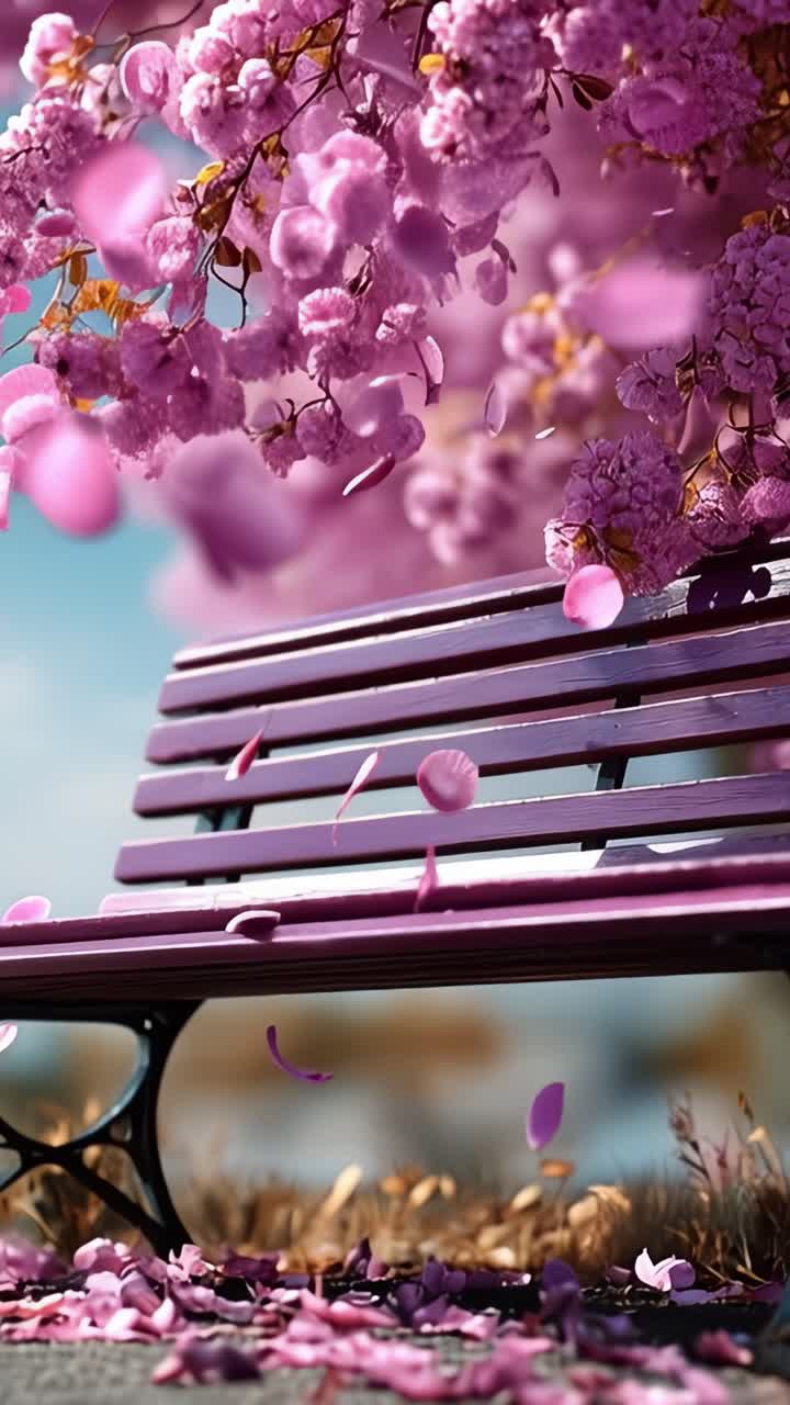 Serene Park Bench Surrounded by Vibrant Pink Blossoms and Petals, Capturing the Essence of Relaxation in a Beautiful Outdoor Setting of Springtime Beauty