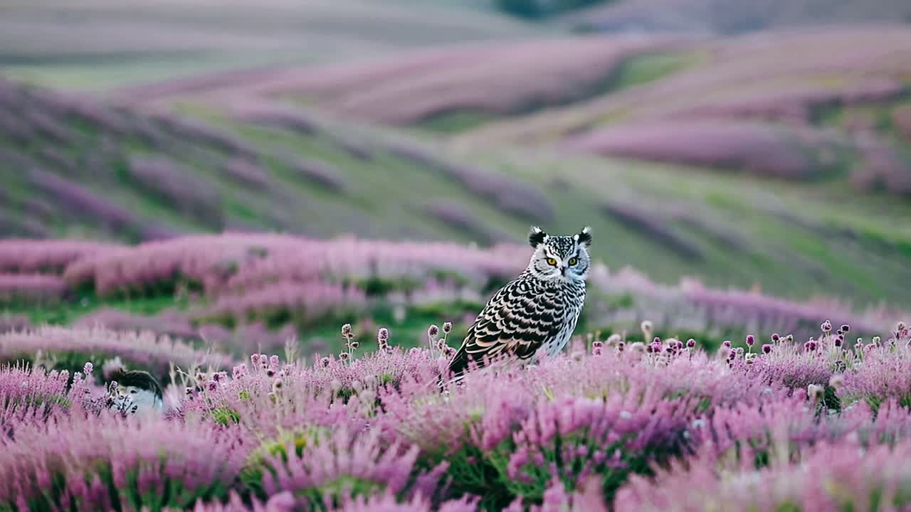 Owl in a Field of Purple Flowers