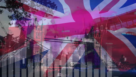 bar graphs over great britain flag against cityscape