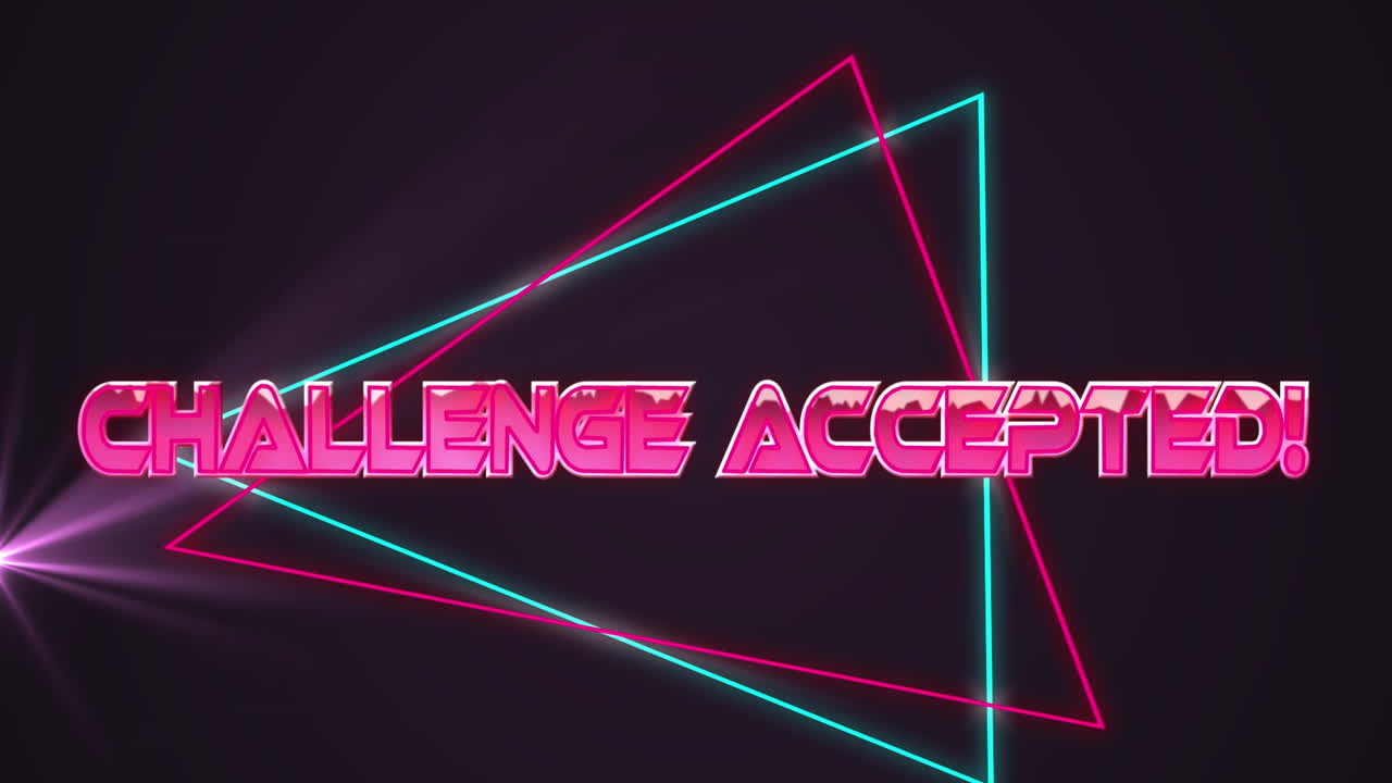 Animation of challenge accepted text over light trails on black background