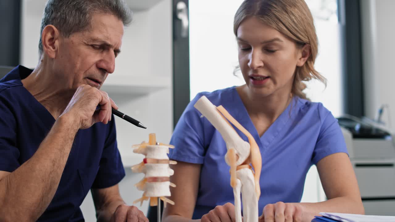 두 명의 백인 의사들이 의사 모델에 대해 이야기하고 보여주고 있습니다.