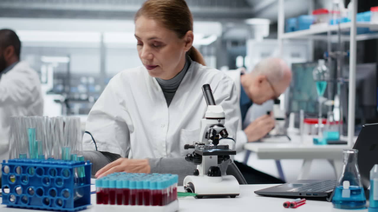 Histology technician examining pathology slides under microscope