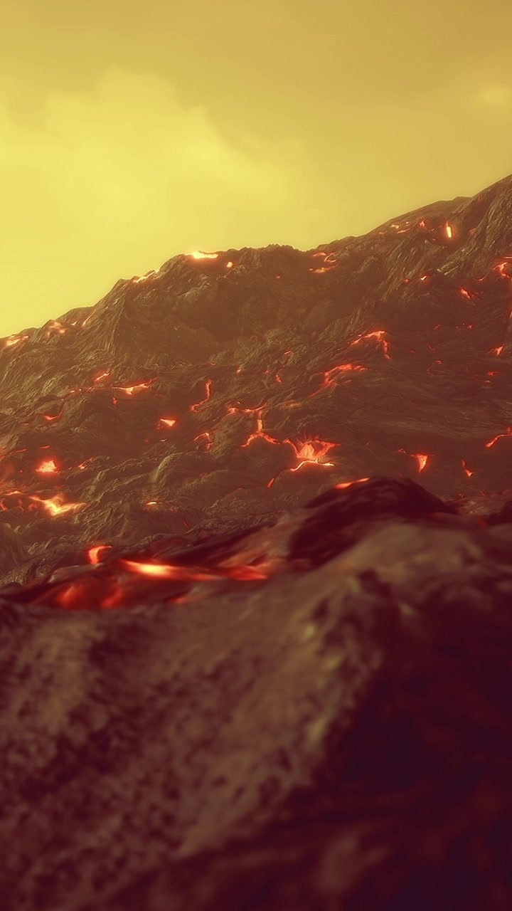 Colate di lava e terreno roccioso di un vulcano attivo al tramonto.