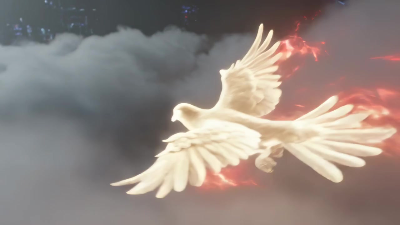Emerging above dense clouds glowing bird flying, banking, gliding toward horizon, trailing embers