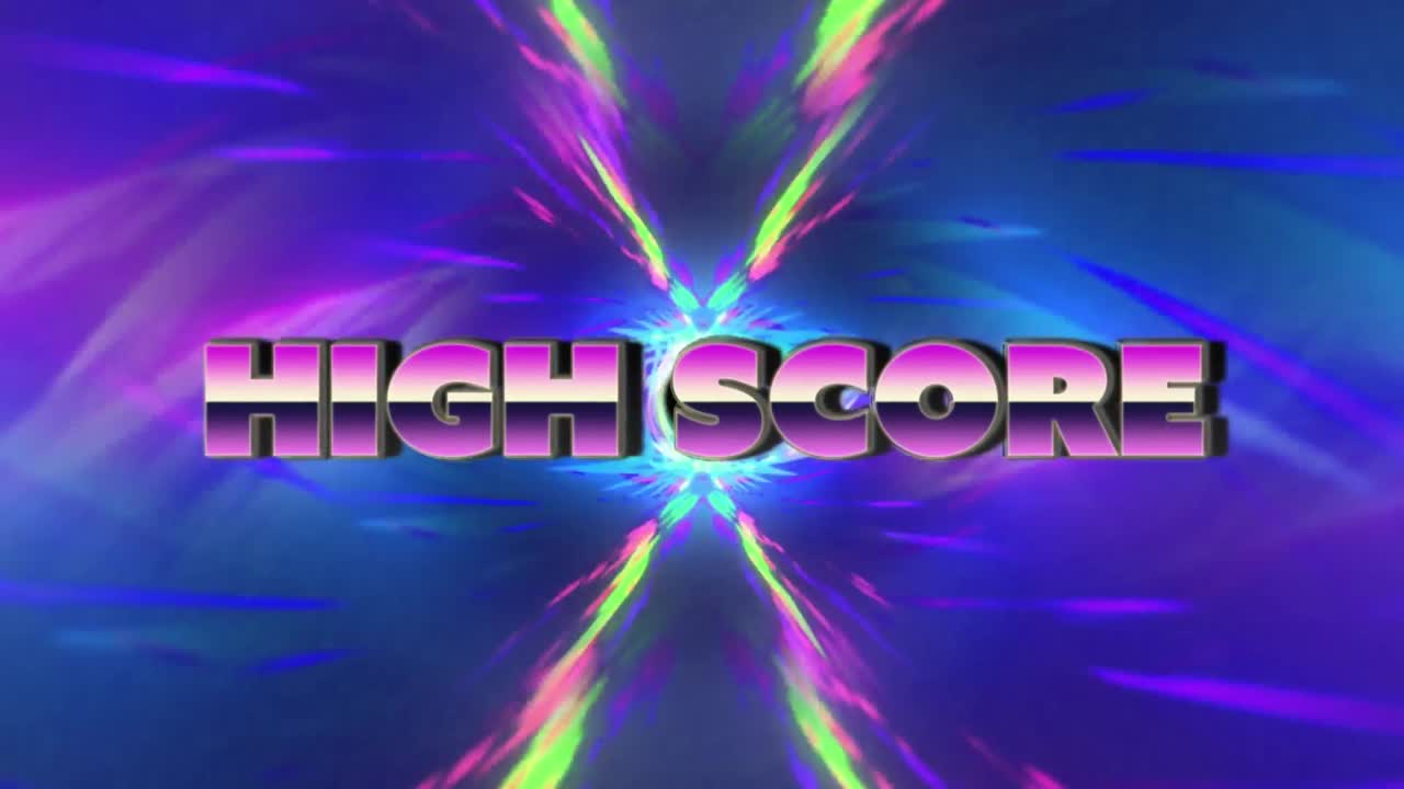 animación de texto de alta puntuación en un fondo multicolor.