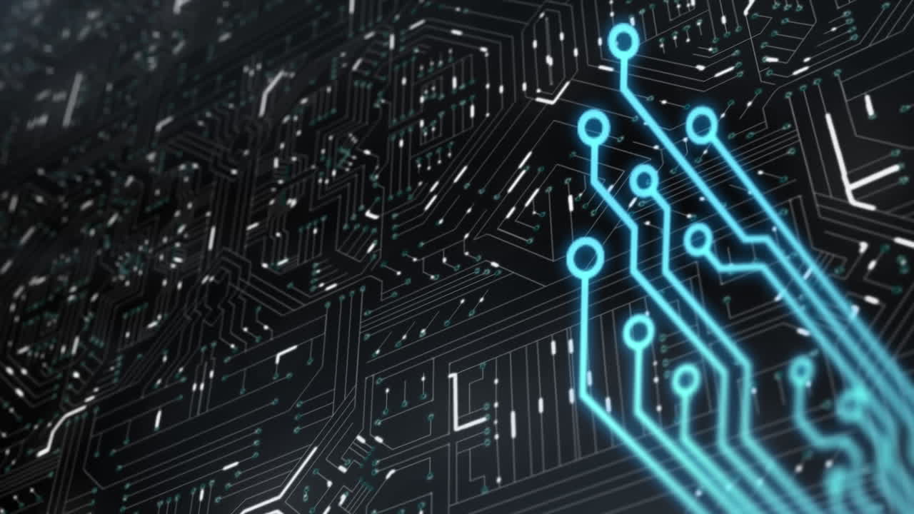 빛나는 컴퓨터 회로판에 데이터 처리의 애니메이션