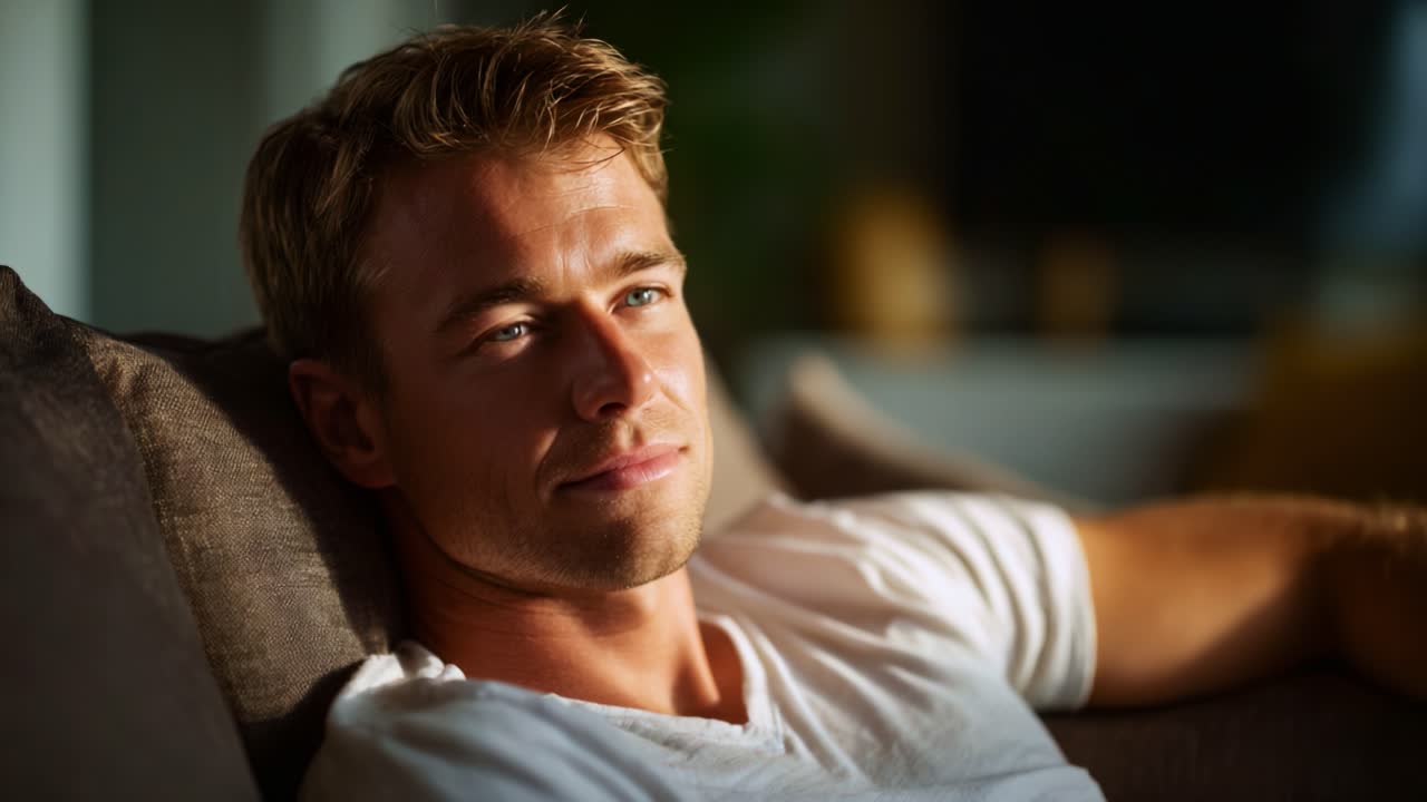 A thoughtful man sits comfortably on a couch, bathed in soft light, reflecting on life with a serene expression, showcasing relaxed contemplation and ease