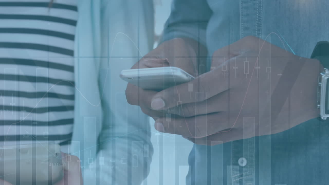 Animation of financial data processing over business people using smartphone and tablet