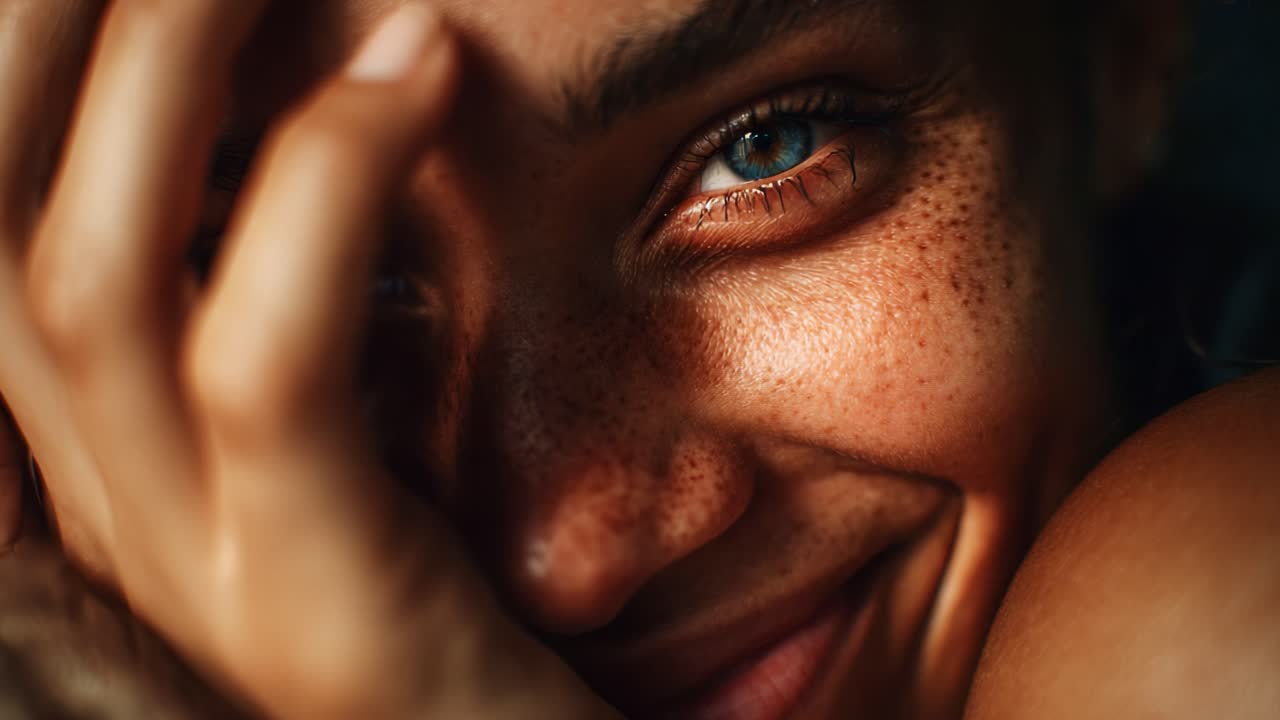 A close-up portrayal of a young woman's expressive face, showcasing captivating blue eyes and playful smile, interwoven with shadows and light for a striking emotional effect