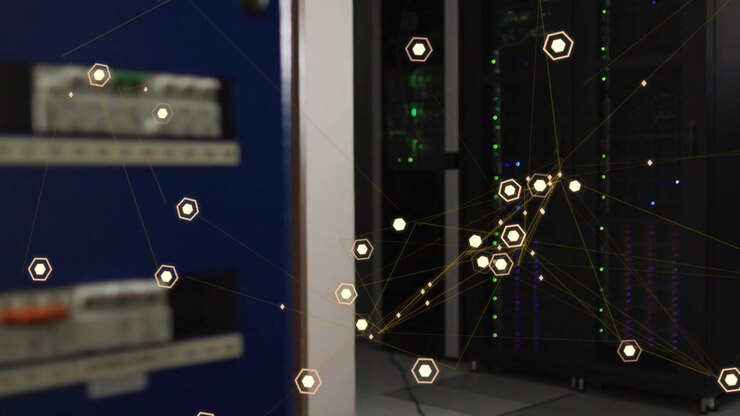 Glowing hex nodes appearing and clustering before rack, camera shifting forward, visualizing data