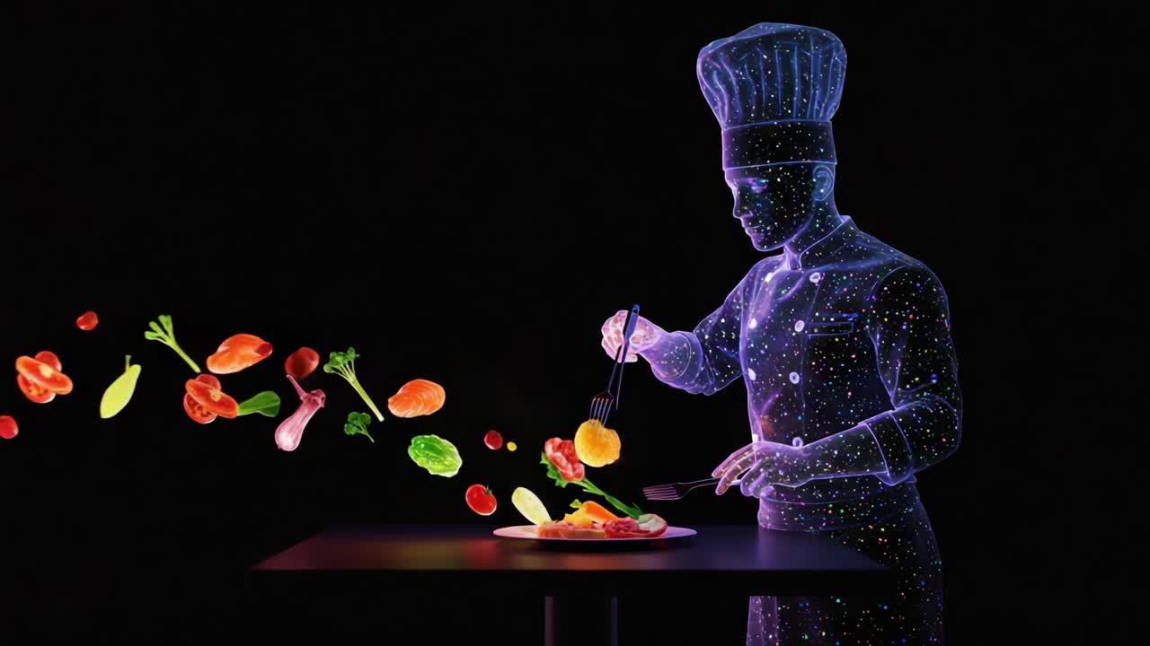 A Culinary Artist in a Fusion of Reality and Imagination, Skillfully Preparing a Vibrant Dish with Floating Ingredients in a Vivid Display of Creativity and Flavor