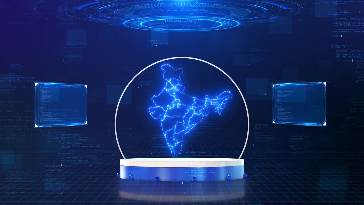 Digital india map stage glowing outline code screens virtual grid floor futuristic technology studio
