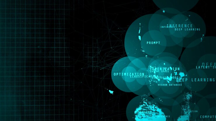 A concept-driven digital HUD interface visualizing artificial intelligence neural network processing and deep learning data nodes for a large language model LLM application.