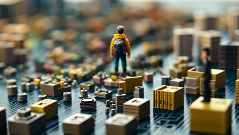 small figure exploring a miniature city landscape with vibrant details