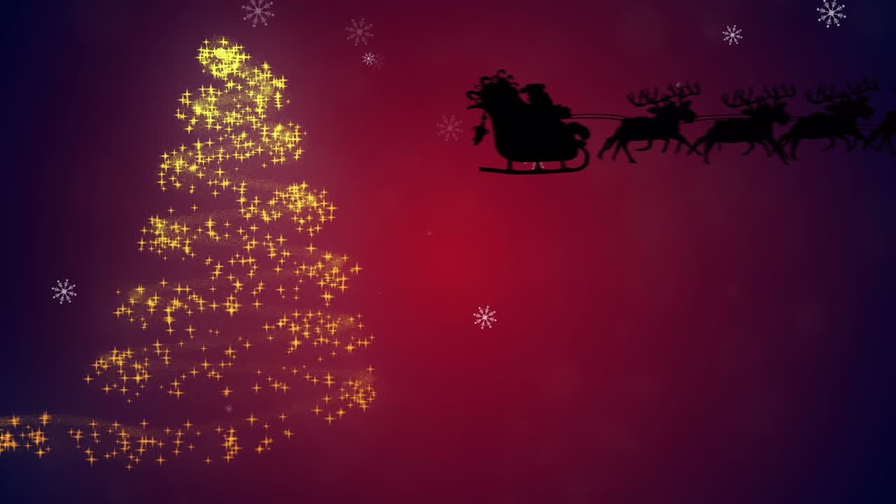animación de santa en trineo sobre el árbol de navidad
