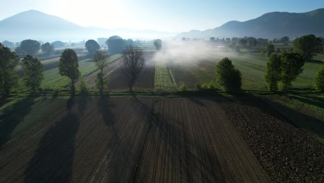 Die-Ersten-Strahlen-Der-Morgendämmerung-Durchdringen-Den-Nebel-über-Wunderschön-Gesäten-Parzellen,-Die-Im-Frühling-Verdunsten-Und-Die-Landwirtschaft-Umarmen