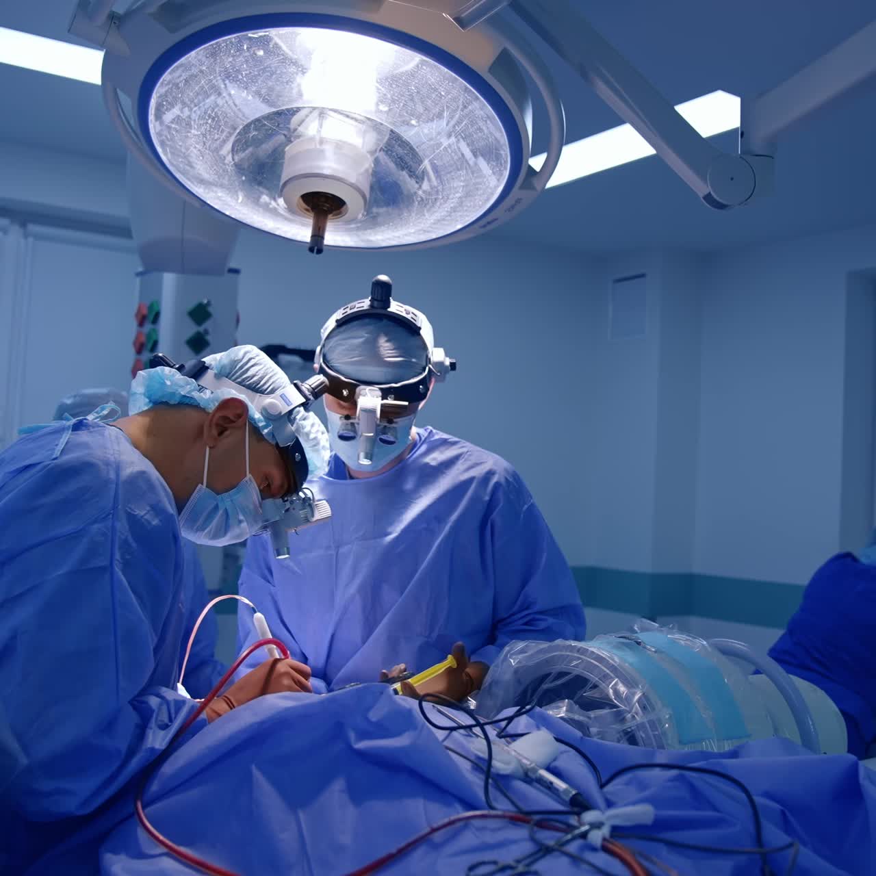 Male surgeons operate the patient under the big round lamp. Doctors wear device glasses. Medical staff at backdrop