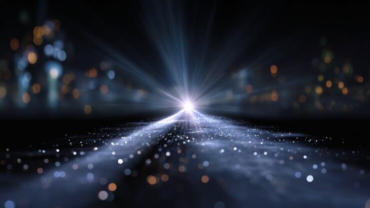 Un’immagine mozzafiato di un raggio di luce intenso che squarcia un paesaggio stellato, evocando sensazioni di profondità, mistero e meraviglia cosmica nel cielo notturno.