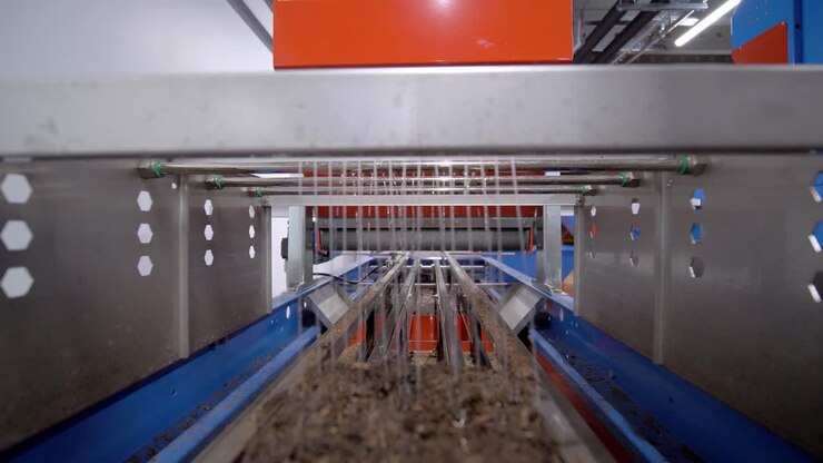 The section of the factory where product rinsing with water takes place is depicted