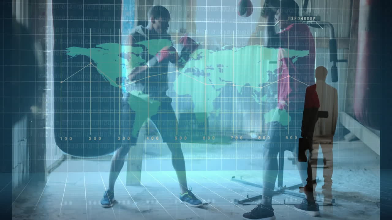 Two male boxers sparring in gym with gloves, showing fitness data with digital world map overlay