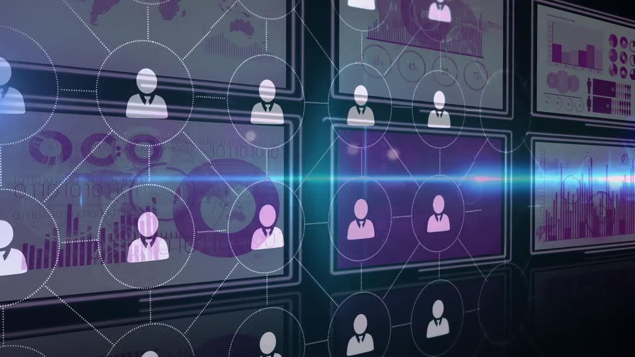 Animation of network of connections over data processing on black background