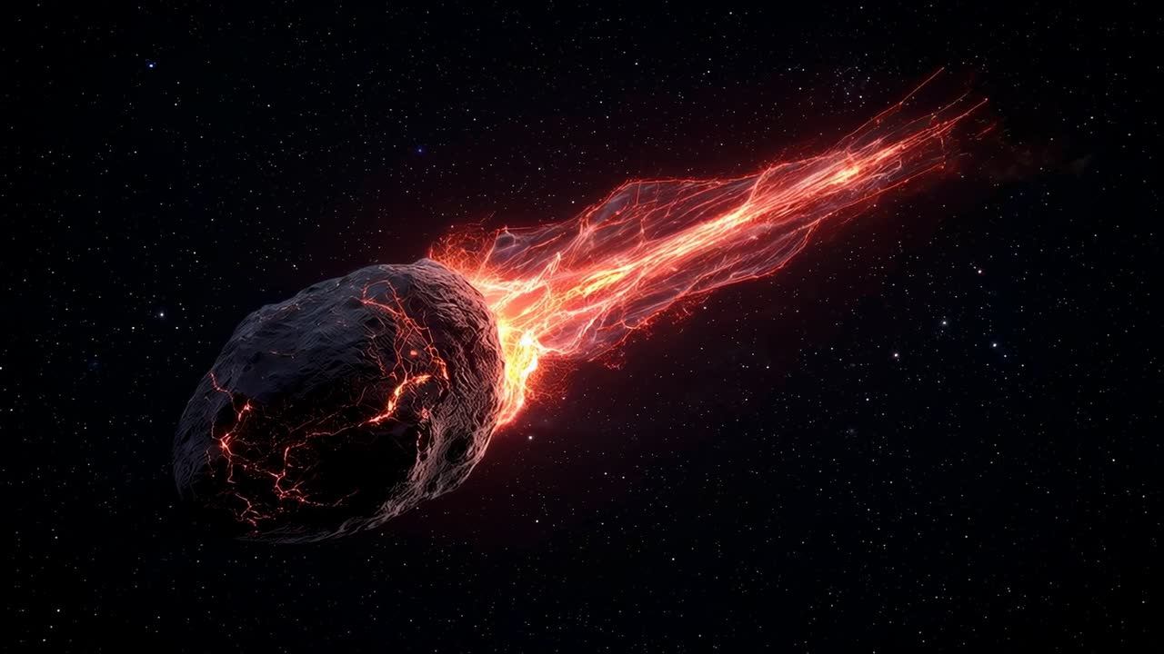 Entrando na vista, meteoroide se movendo entre as estrelas, revelando rachaduras aquecidas e estendendo a cauda de plasma