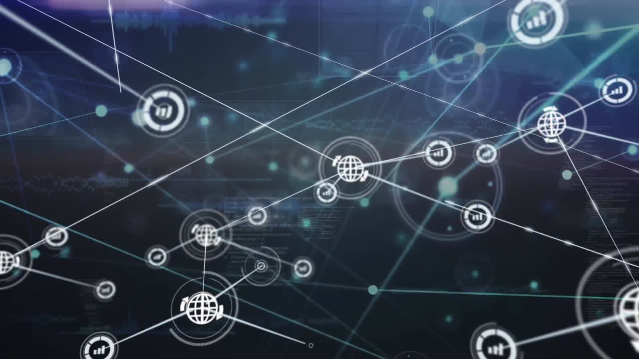 Animation of network of digital icons and light trails against blue background