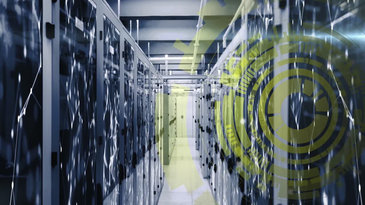 Animation of loading circles and connected dots on server racks of server room