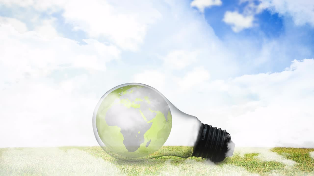 animación de una bombilla encendida con el planeta tierra sobre el fondo del cielo