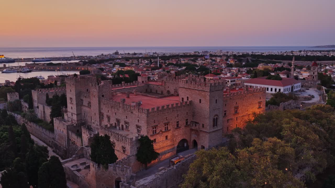 Aerial view of the Palace of the Grand Master of the Knights of Rhodes at sunset