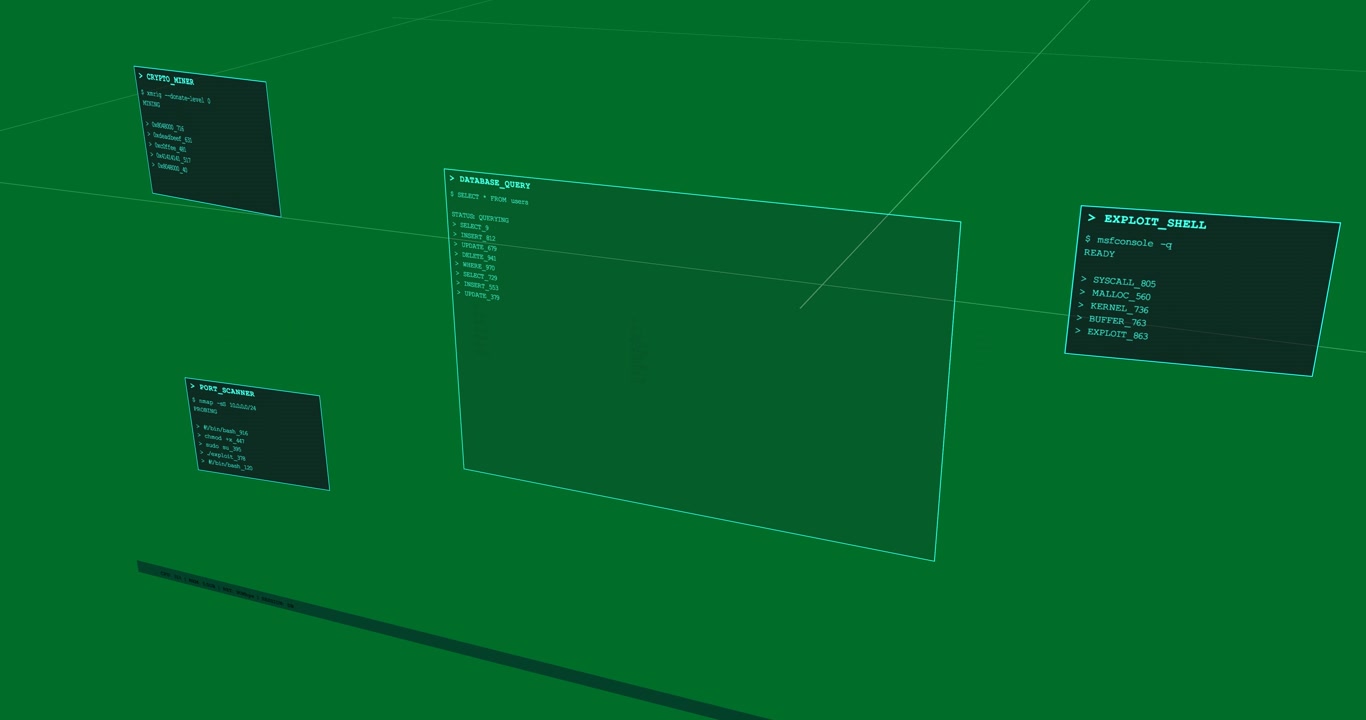 DB_QUERY appearing, EXPLOIT forming, cursor sliding, camera pulling, showing layout, transparent bg