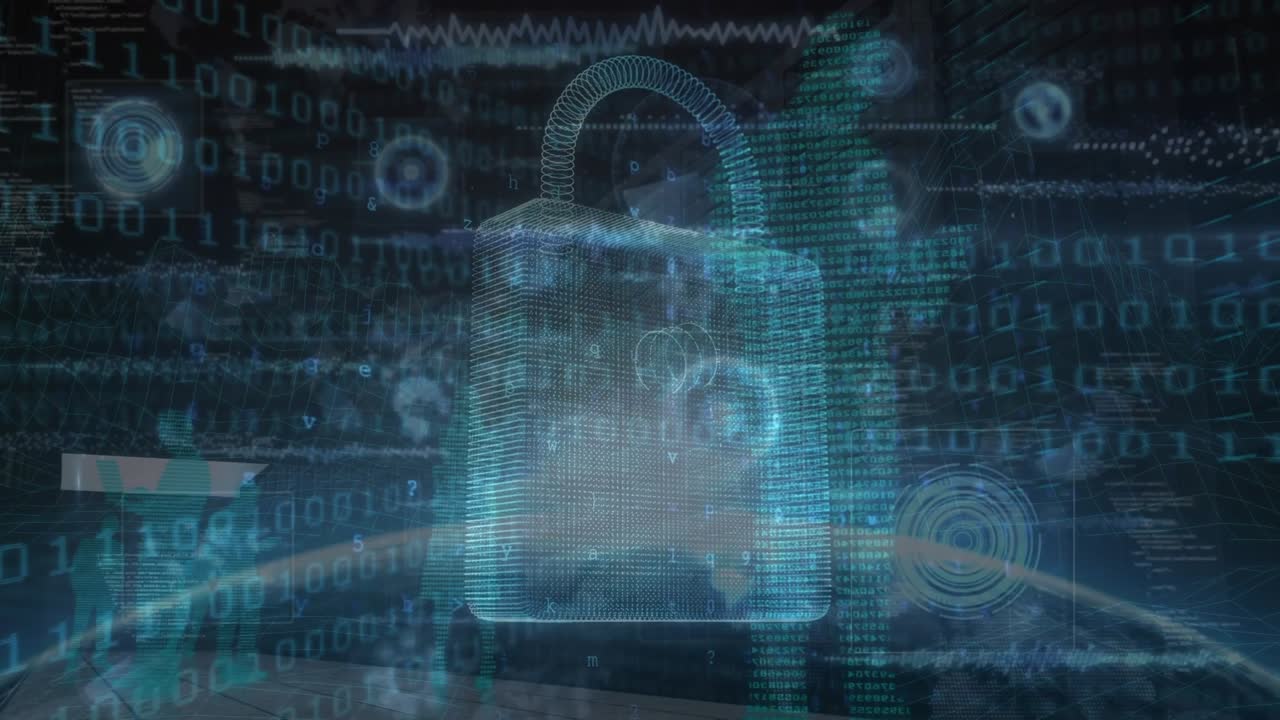 Animation of data and digital padlock on black background