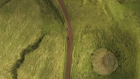 drone top-down view of quad bikes on dirt road sided by lush green in são jorge island, the azores, portugal