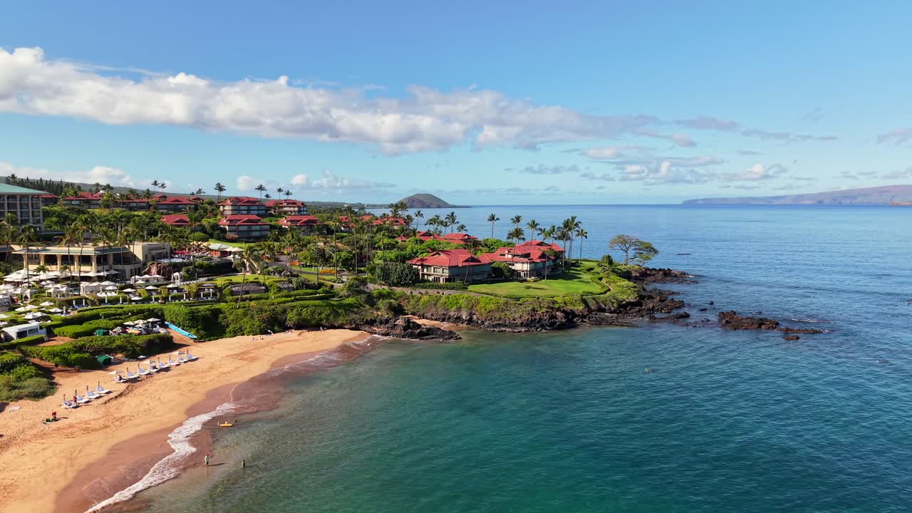 Luxury resort villas on tropical Wailea coast of Maui, Hawaii, aerial shot