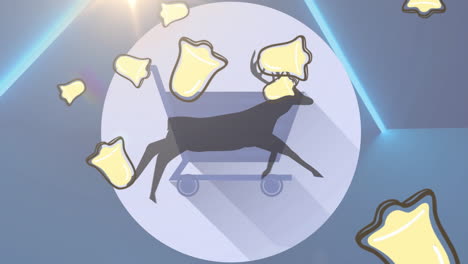 multiple bell icons falling over silhouette of reindeer running against qr code and glowing tunnel