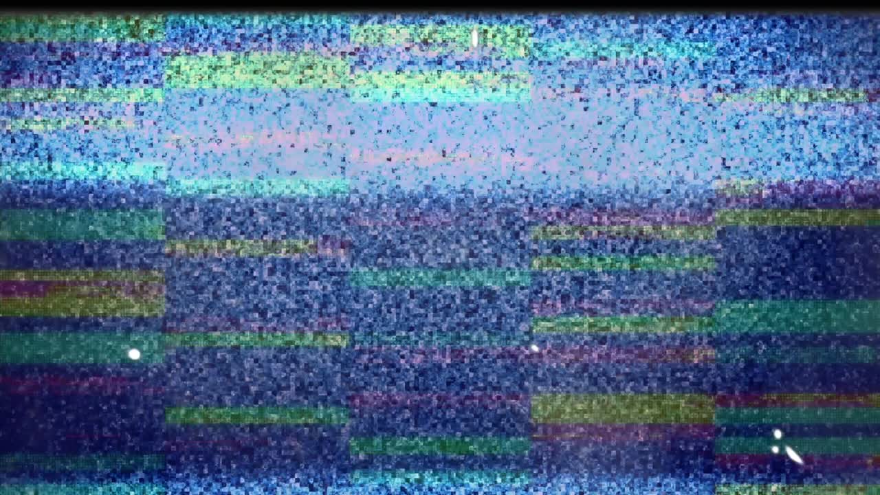 Animation of flickering colourful rectangles with glitch and noise