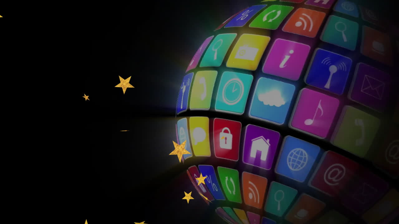 검은색 배경에 별 애니메이션을 가진 앱 아이콘의 회전 지구