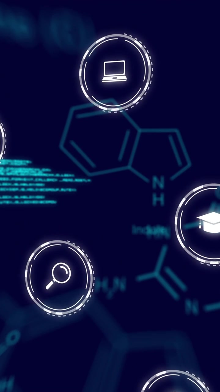 Animation of chemical formula and data processing over media icons