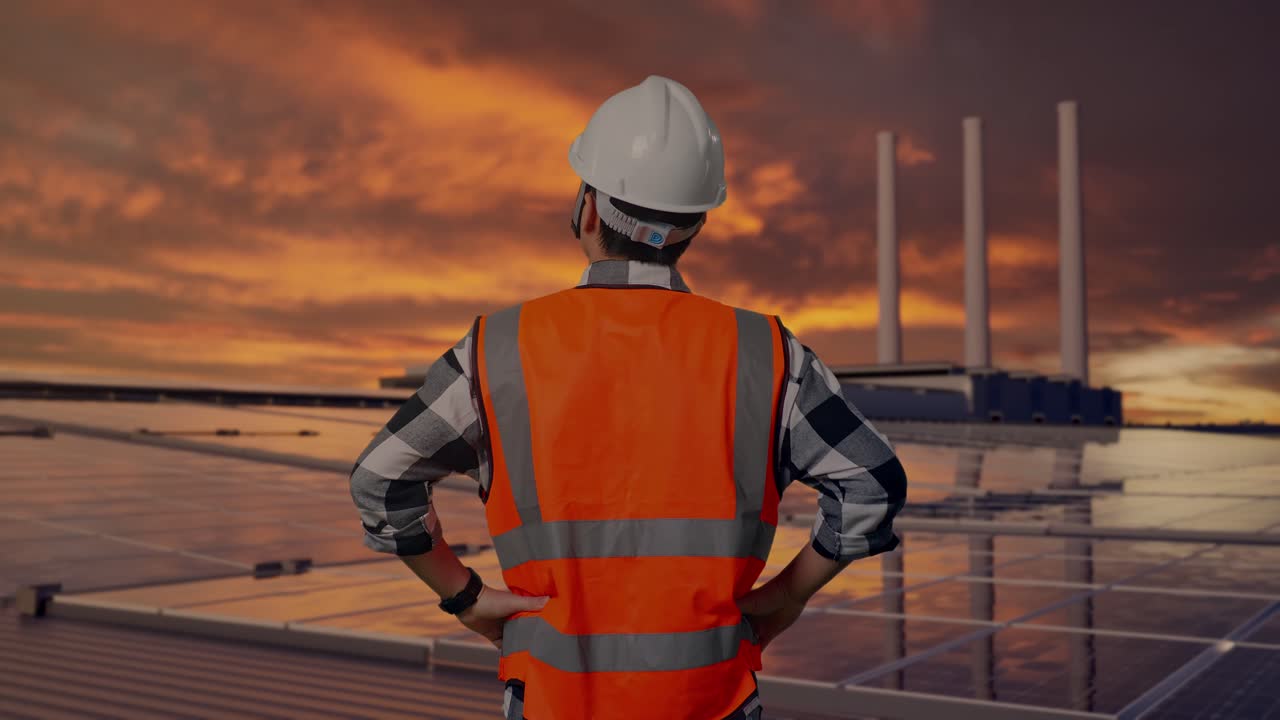 Rückansicht eines männlichen Ingenieurs mit Schutzhelm, der sich umsieht, während er mit den Händen in den Hüften steht und Solarpaneele auf einem Dach bei Sonnenuntergang inspiziert.