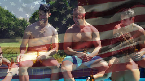 Grupo-De-Amigos-En-Una-Piscina-Y-La-Bandera-Americana-Para-El-4-De-Julio