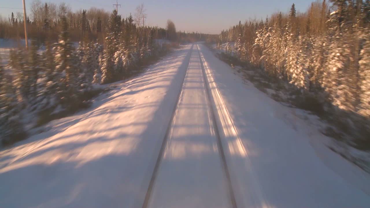 кадр из окна поезда, проходящего через заснеженный пейзаж 6