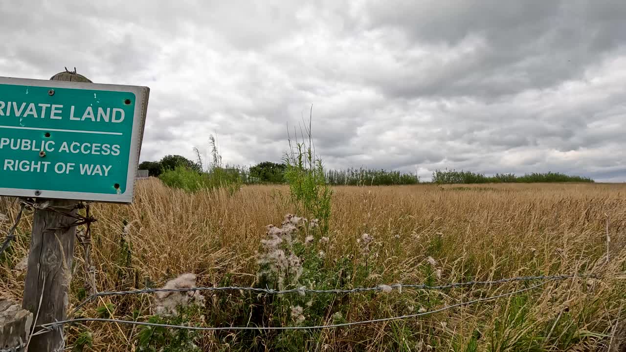 Warning sign on rural field, cloudy sky, restricted access