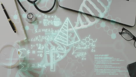 animación de la cadena de adn y procesamiento de datos en el consultorio del médico con portátil y estetoscopio