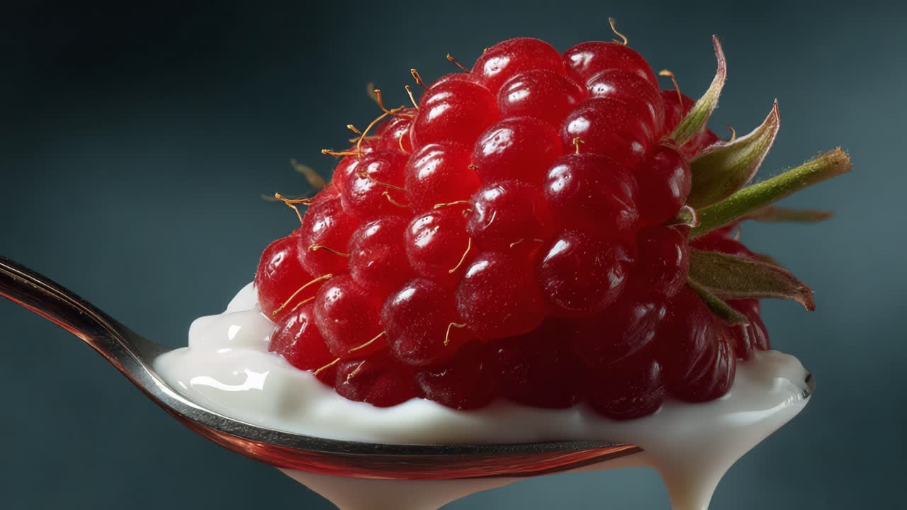 A Close-Up of Juicy Raspberries Resting on a Spoon, Highlighting Their Vibrant Red Color and Creamy Yogurt Base Creating a Delicious Visual Delight