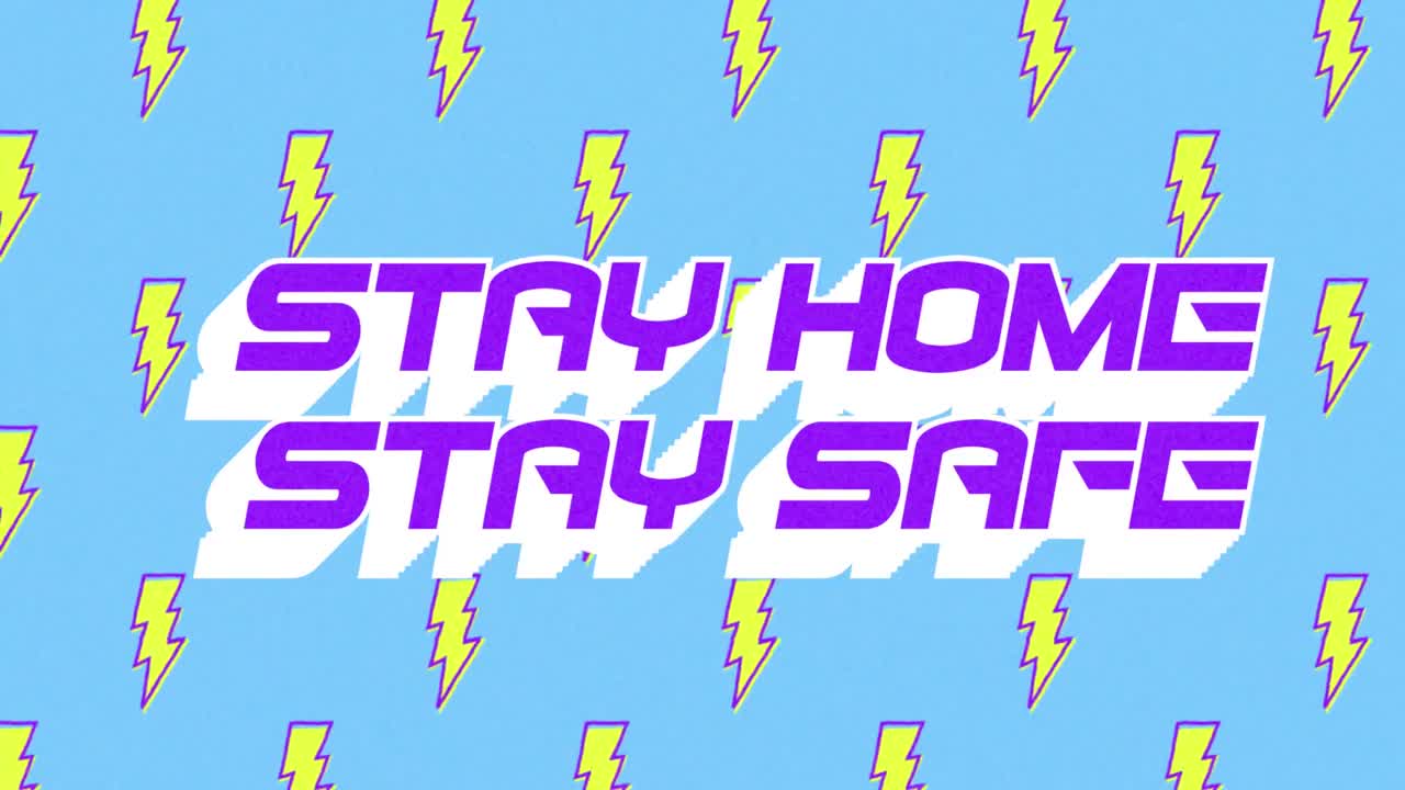 animación de las palabras quedarse en casa escritas en letras púrpuras sobre dibujos sobre fondo azul