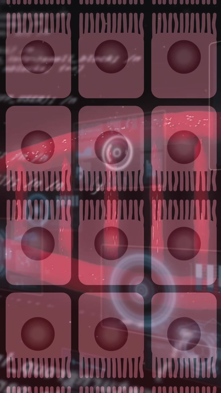 Animazione di cellule su filamento di DNA ed elaborazione dati su sfondo nero