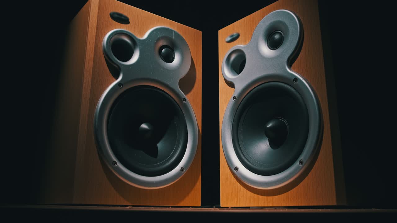 los altavoces de audio vibran de sonido bajo en cámara lenta sobre fondo negro